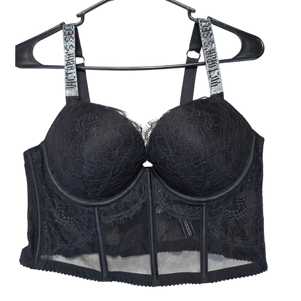 Victorias Secret Very Sexy Shine Strap Lace Push-Up Corset Top Black 36C
